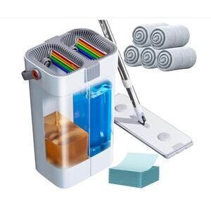 Flat Mop and Bucket with Wringer Set Hands-Free Floor Cleaning 5 pcs Mop Pads